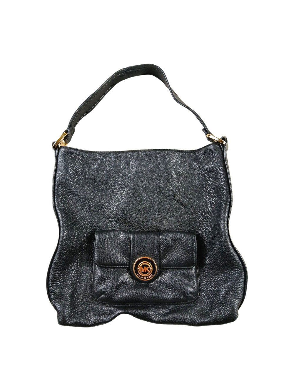 Michael Kors Pebbled Leather Handbag Black Gold MK Accents 12x14" Nice Purse